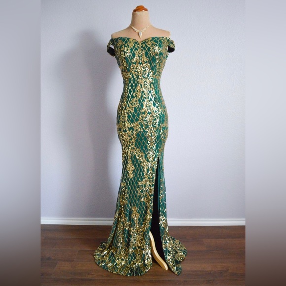 Prom 2025 Holiday Green Gold Long Formal Pageant Sequin Evening Gown Dress S 4/6 - Picture 8 of 10
